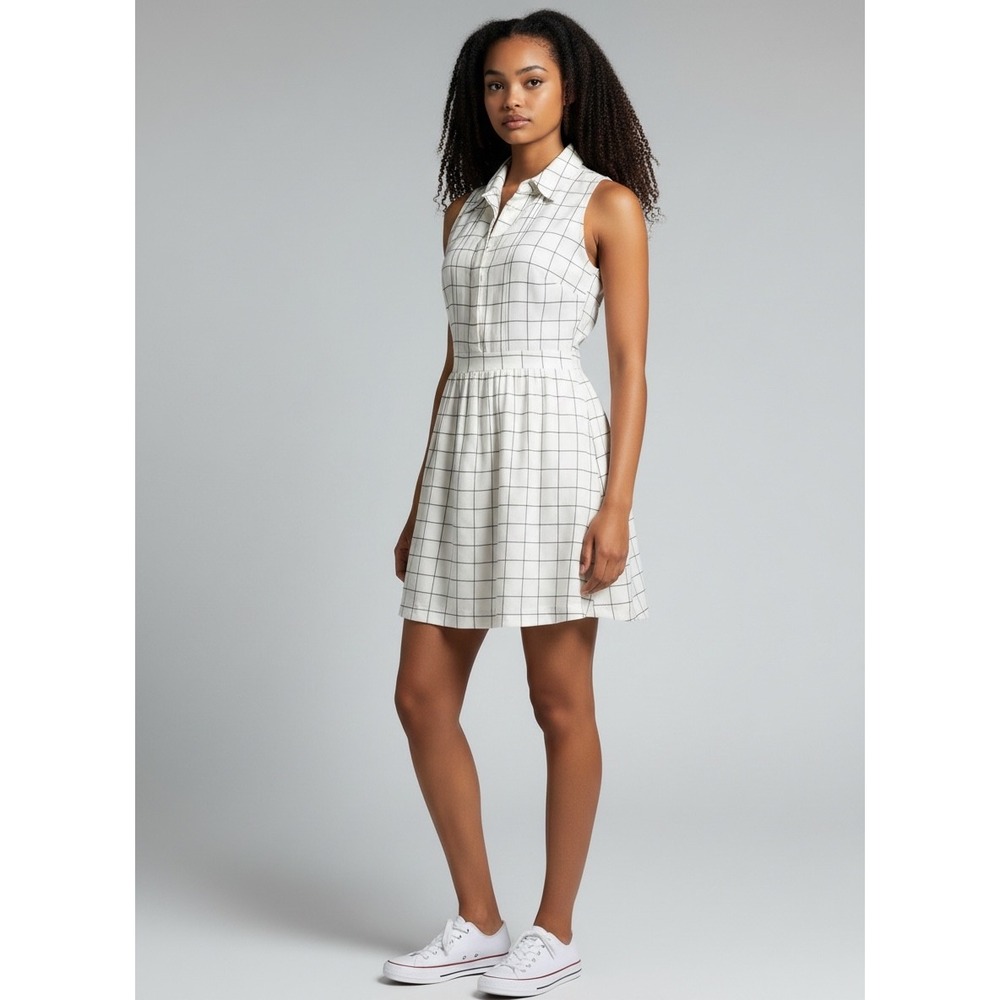 Cremieux Women Size 4 White Black Windowpane Check Sleeveless Shirt Dress Pocket